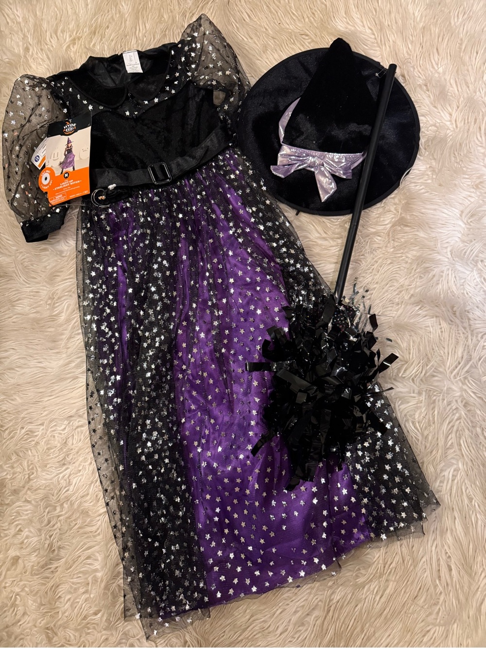 Kids Purple & Black Witch Costume with Hat and broom (E9)
